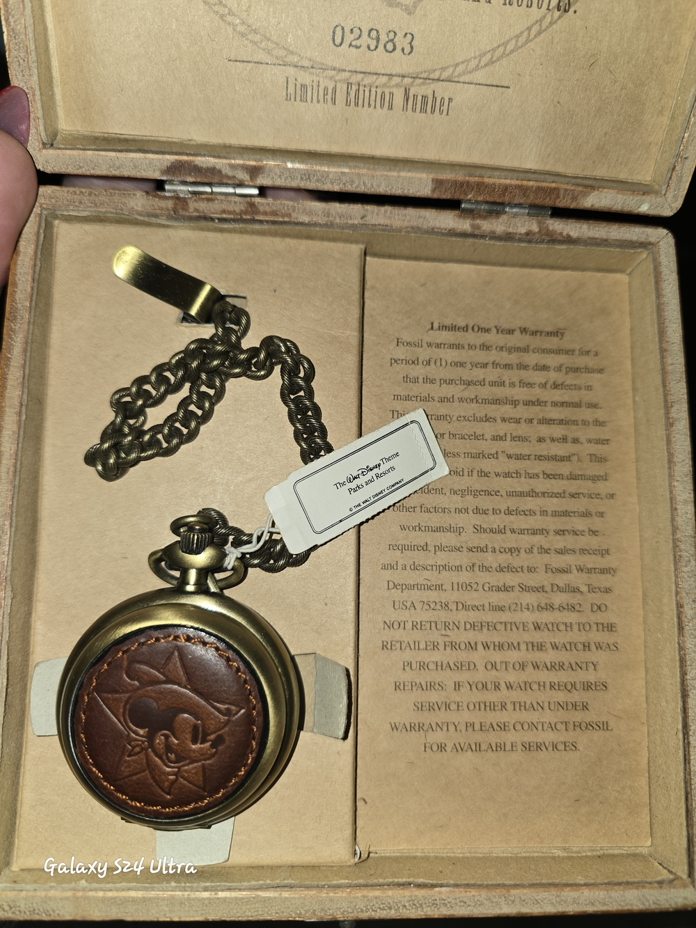 Fossil Men’s Brass Disney Pocket Watch with Brown Leather Accent Of Rodeo Mickey